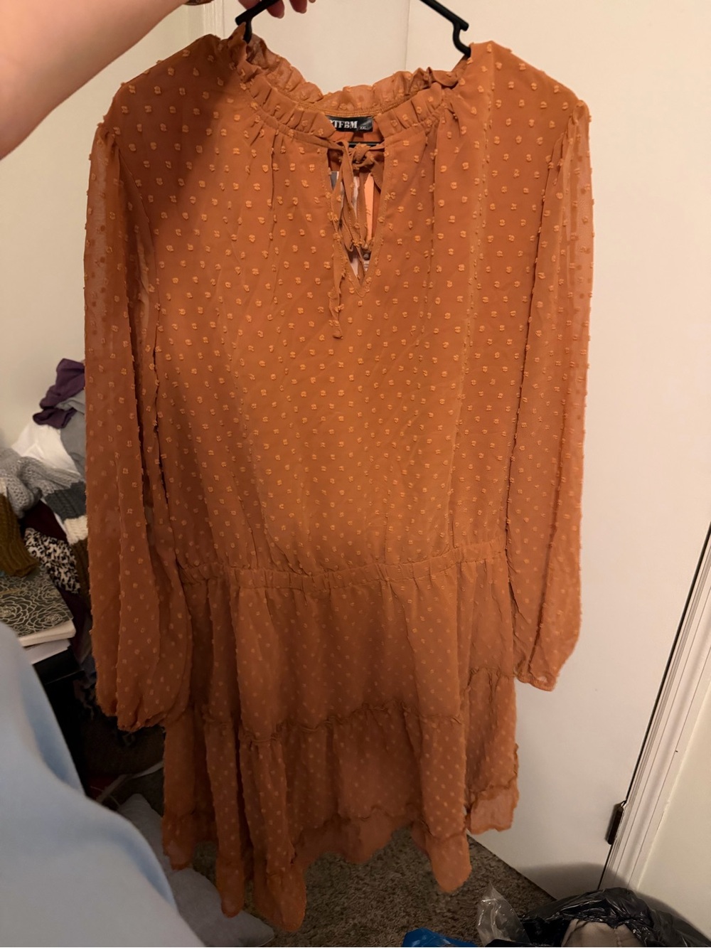 Tilly's Rust Orange Long Sleeve Tiered Swiss Dot Dress